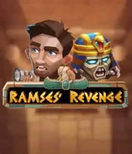 Uncover the mysterious world of the Ramses' Revenge game by Relax Gaming, featuring a frightened explorer and a fierce mummy against an Egyptian tomb backdrop. This graphic depicts the adventure of Egyptian archaeology, great for those interested in historical adventures, delivering a captivating escape. 